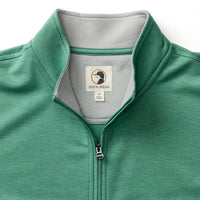 Green heather quarter-zip pullover with collar detail and zipper, partial front view