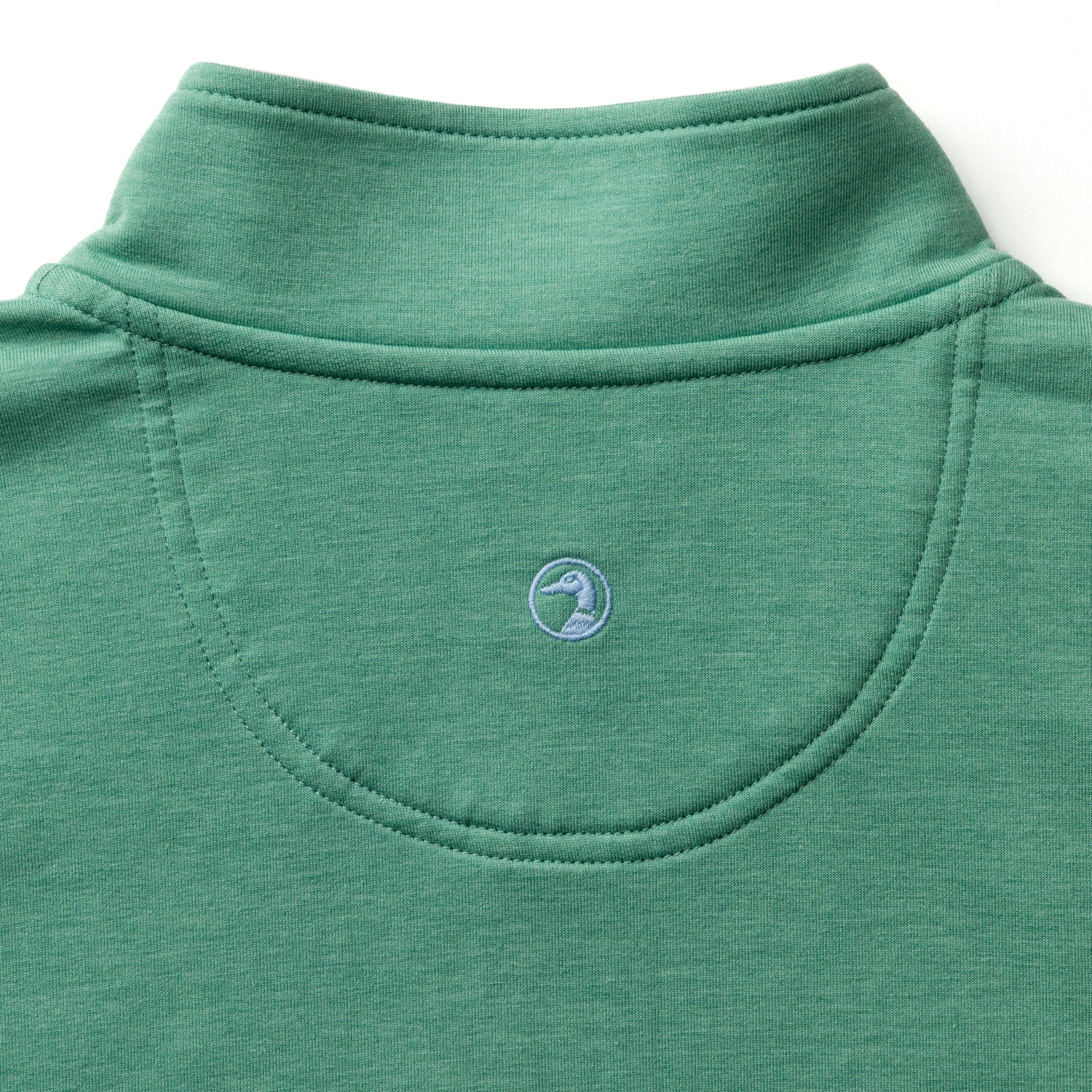 Green heathered pullover with quarter zip and collar detail, back view showing logo