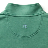Green heathered pullover with quarter zip and collar detail, back view showing logo