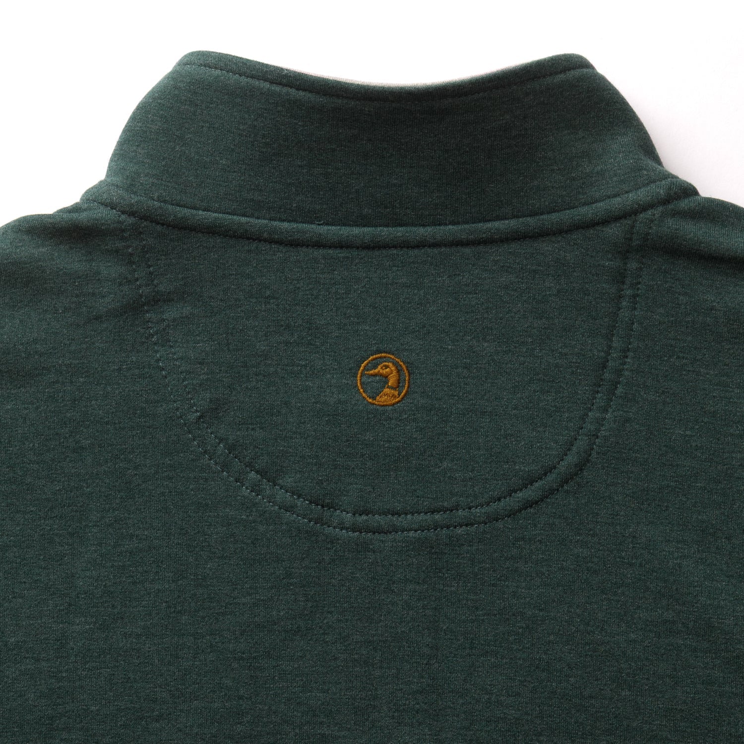 Back neck detail of men's quarter-zip pullover with embroidered duck logo patch