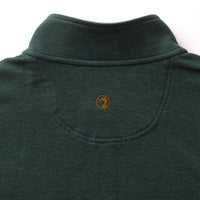 Back neck detail of men's quarter-zip pullover with embroidered duck logo patch