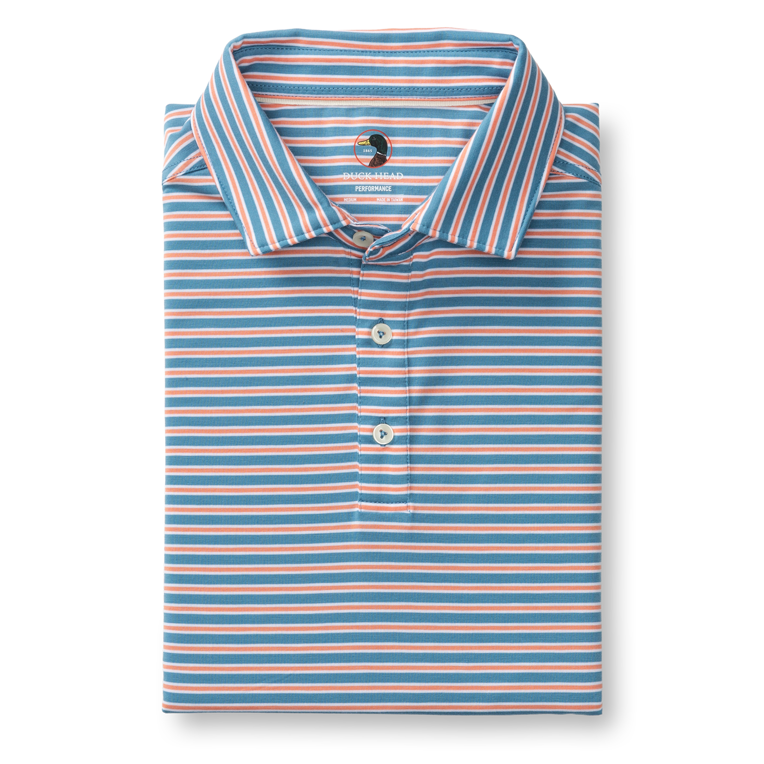 Striped polo shirt with blue, coral and white horizontal stripes, folded flat showing collar and buttons