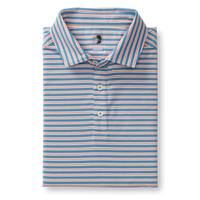 Striped polo shirt with blue, coral and white horizontal stripes, folded flat showing collar and buttons