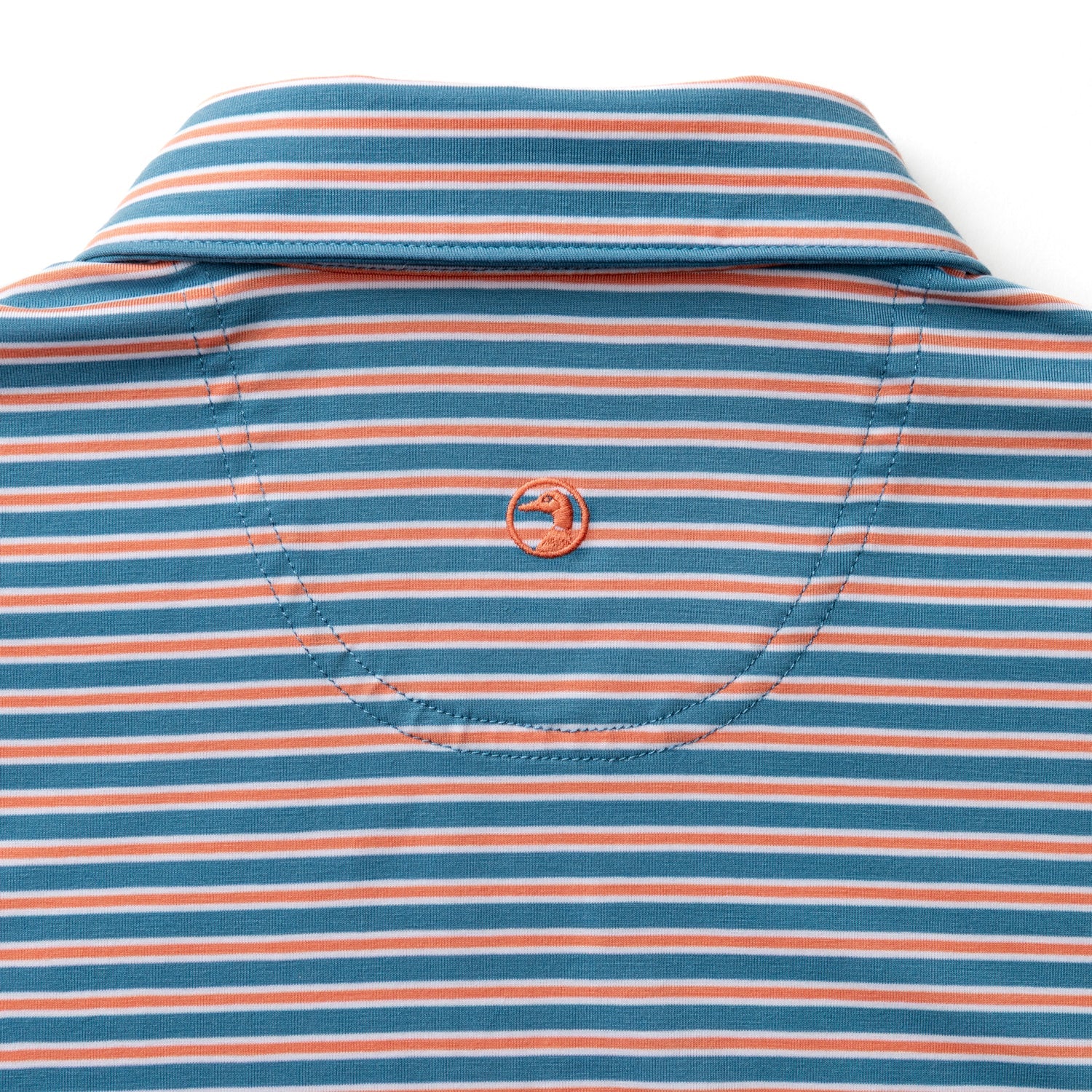 Striped polo shirt back view showing collar and chest pocket detail