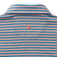 Striped polo shirt back view showing collar and chest pocket detail