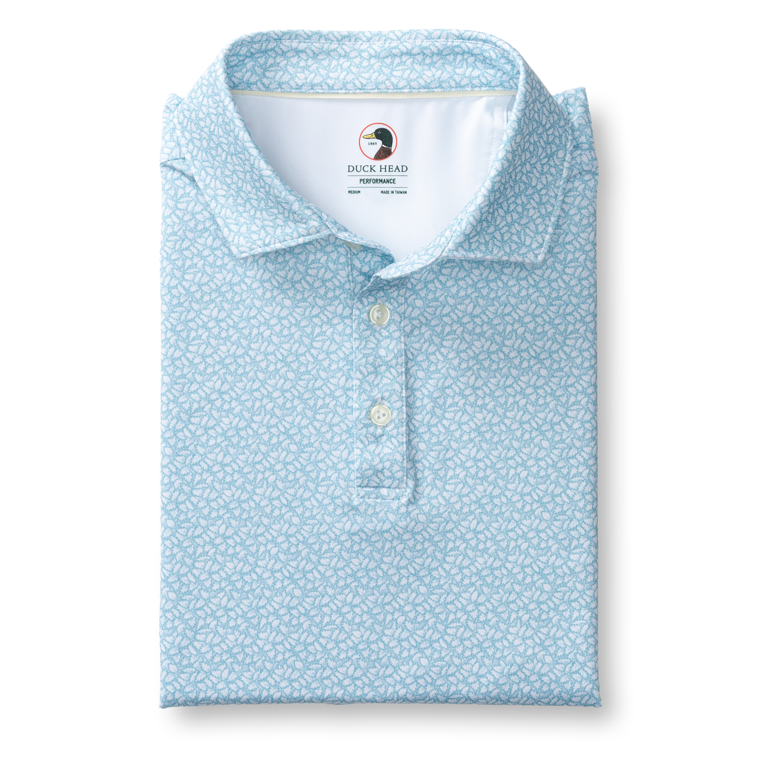 Light blue polo shirt with small floral print, two-button placket, folded display view
