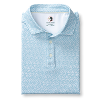 Light blue polo shirt with small floral print, two-button placket, folded display view