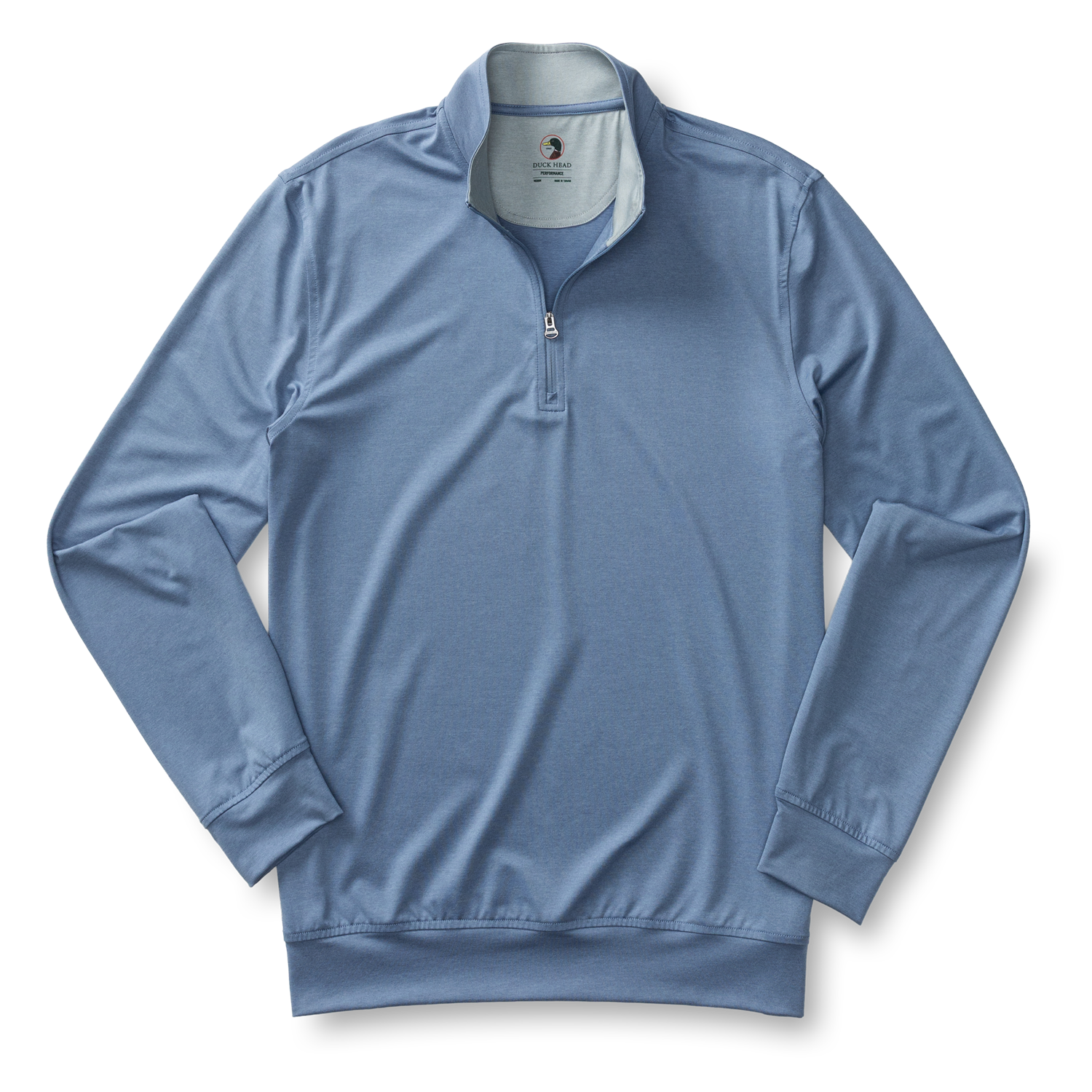 Light blue quarter-zip pullover with long sleeves on white background