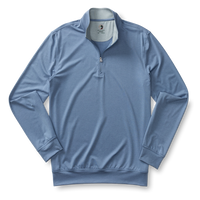 Light blue quarter-zip pullover with long sleeves on white background