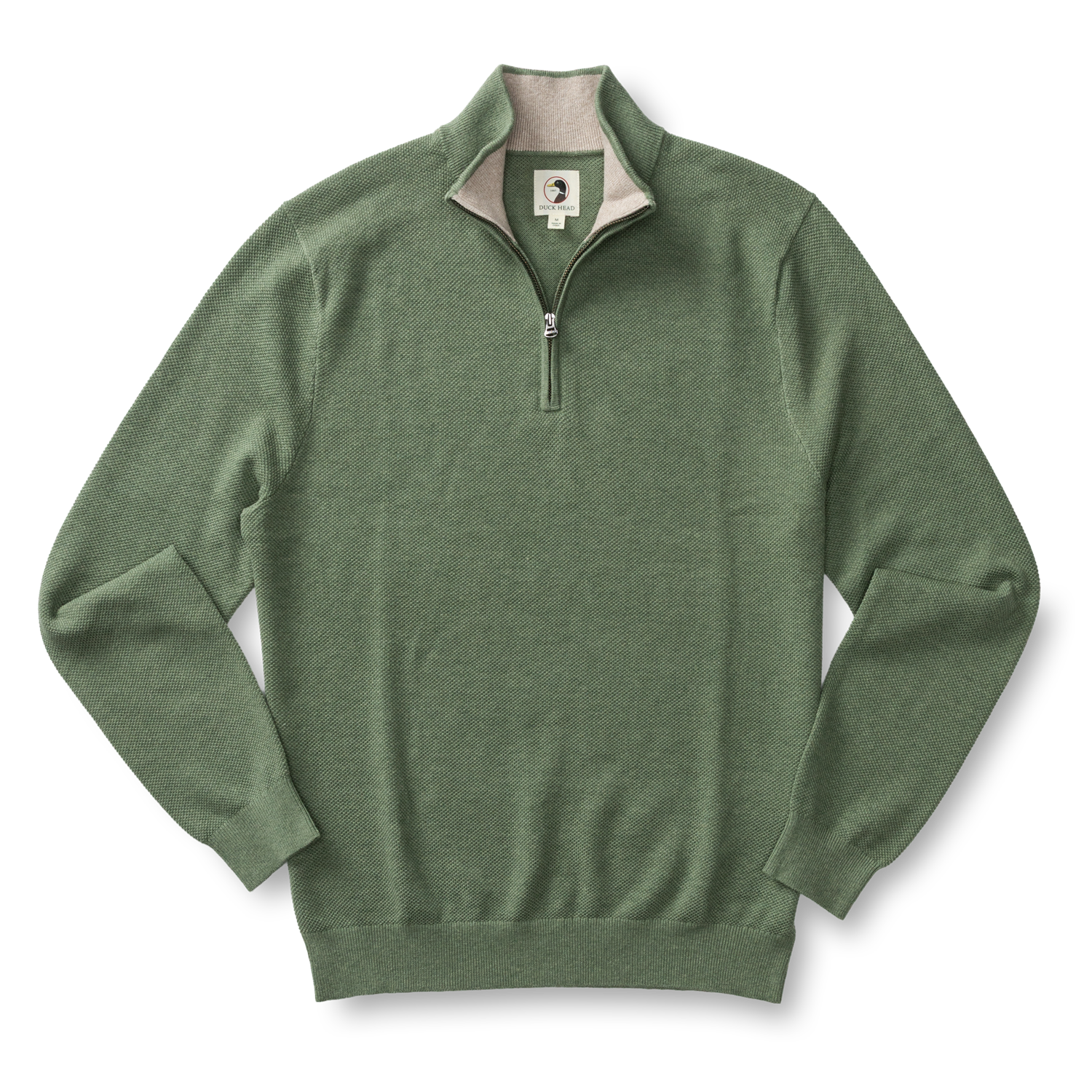 Green heathered knit quarter-zip pullover sweater with ribbed collar and cuffs, front view