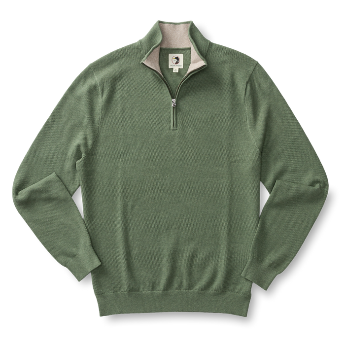 Green heathered knit quarter-zip pullover sweater with ribbed collar and cuffs, front view
