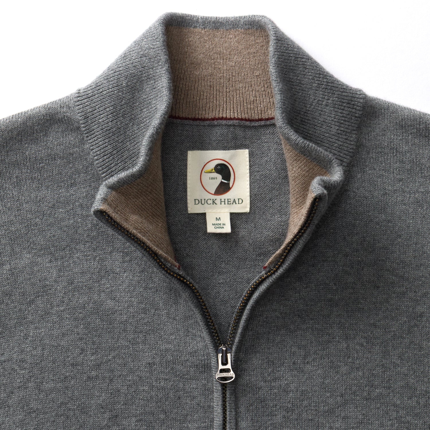Men's quarter-zip knit sweater in heather gray with contrast interior collar, front detail view