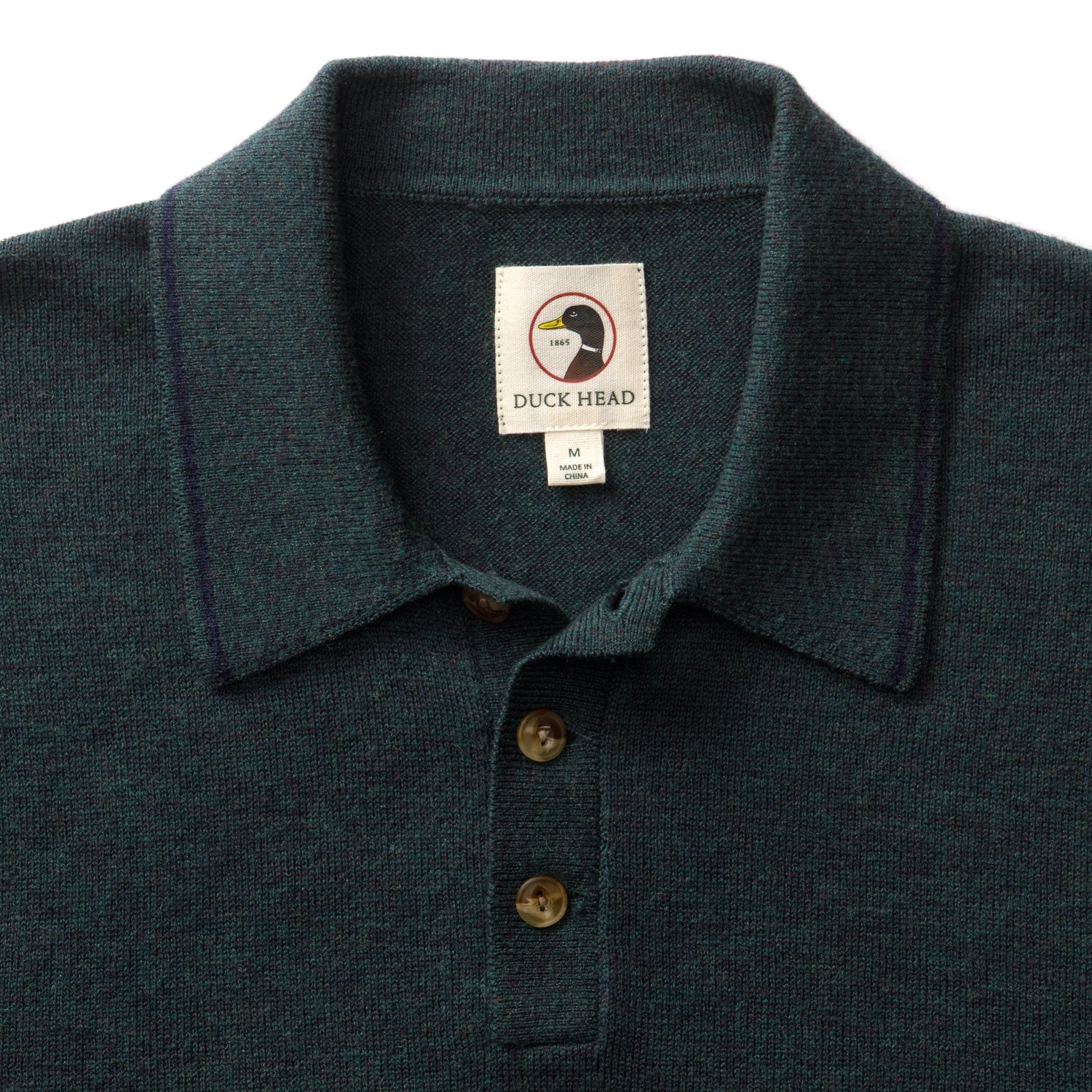 Men's merino wool polo sweater with collar, three buttons, and heathered dark green knit texture