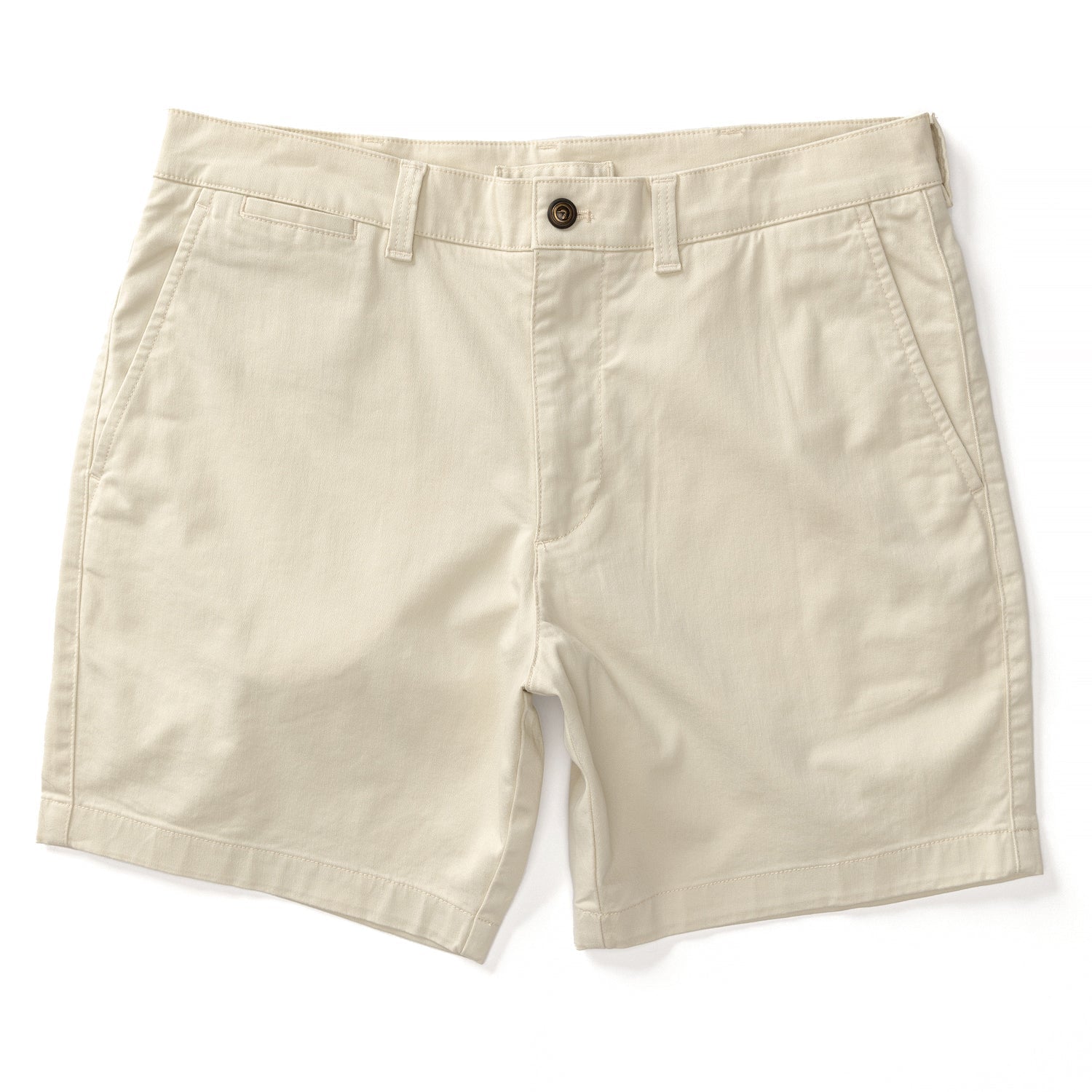 Light beige chino shorts with button closure and side pockets, flat lay view