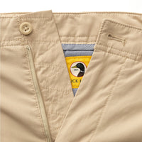 Light tan chino pants with zipper fly and button closure, waistband detail view