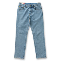 Light blue denim jeans with straight fit, front view on white background