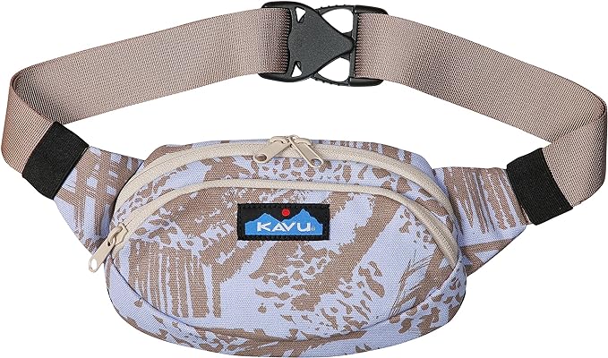 Tan camouflage waist pack with adjustable strap and front zipper compartment