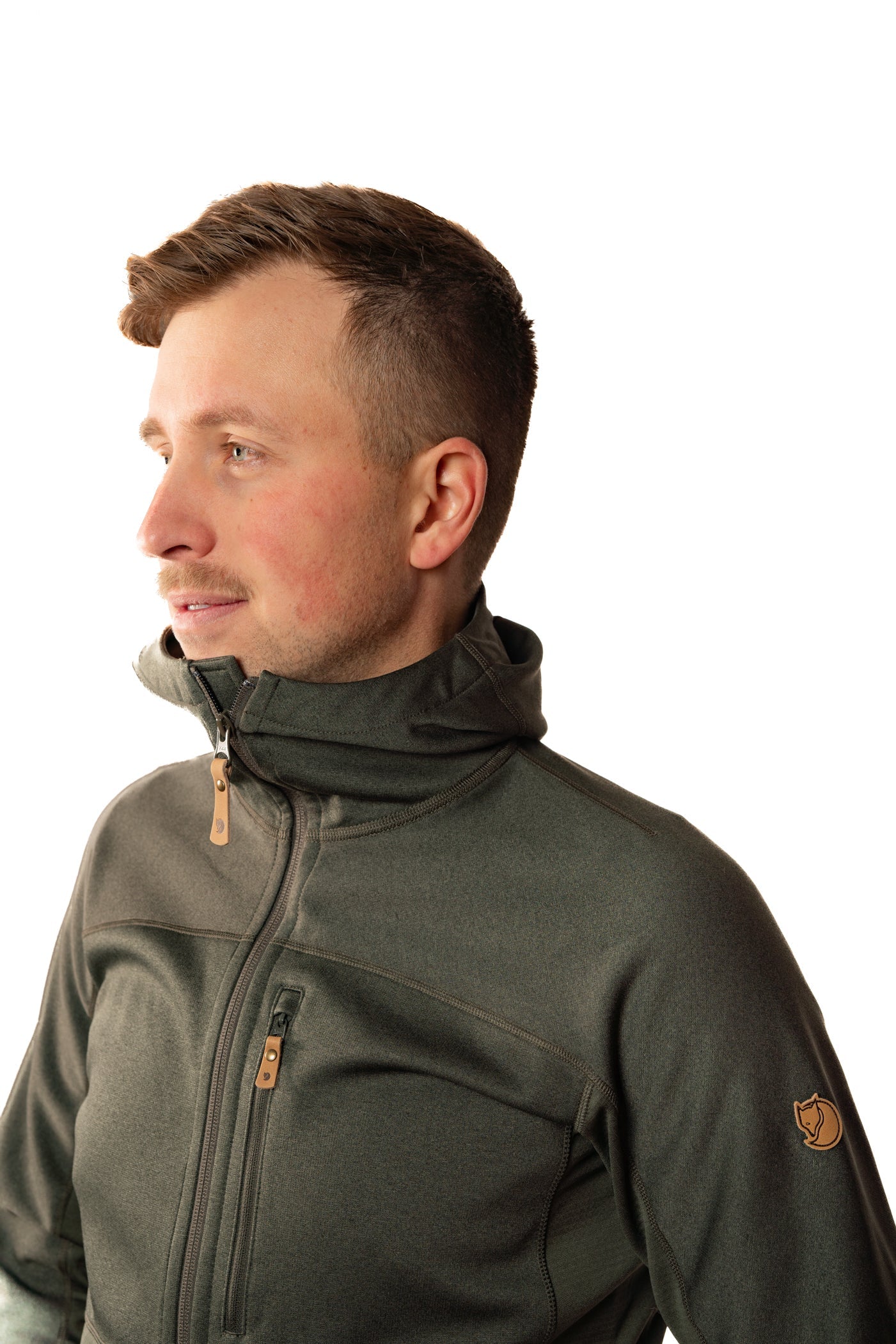 Olive green fleece jacket with high collar and chest pocket, worn by model in profile
