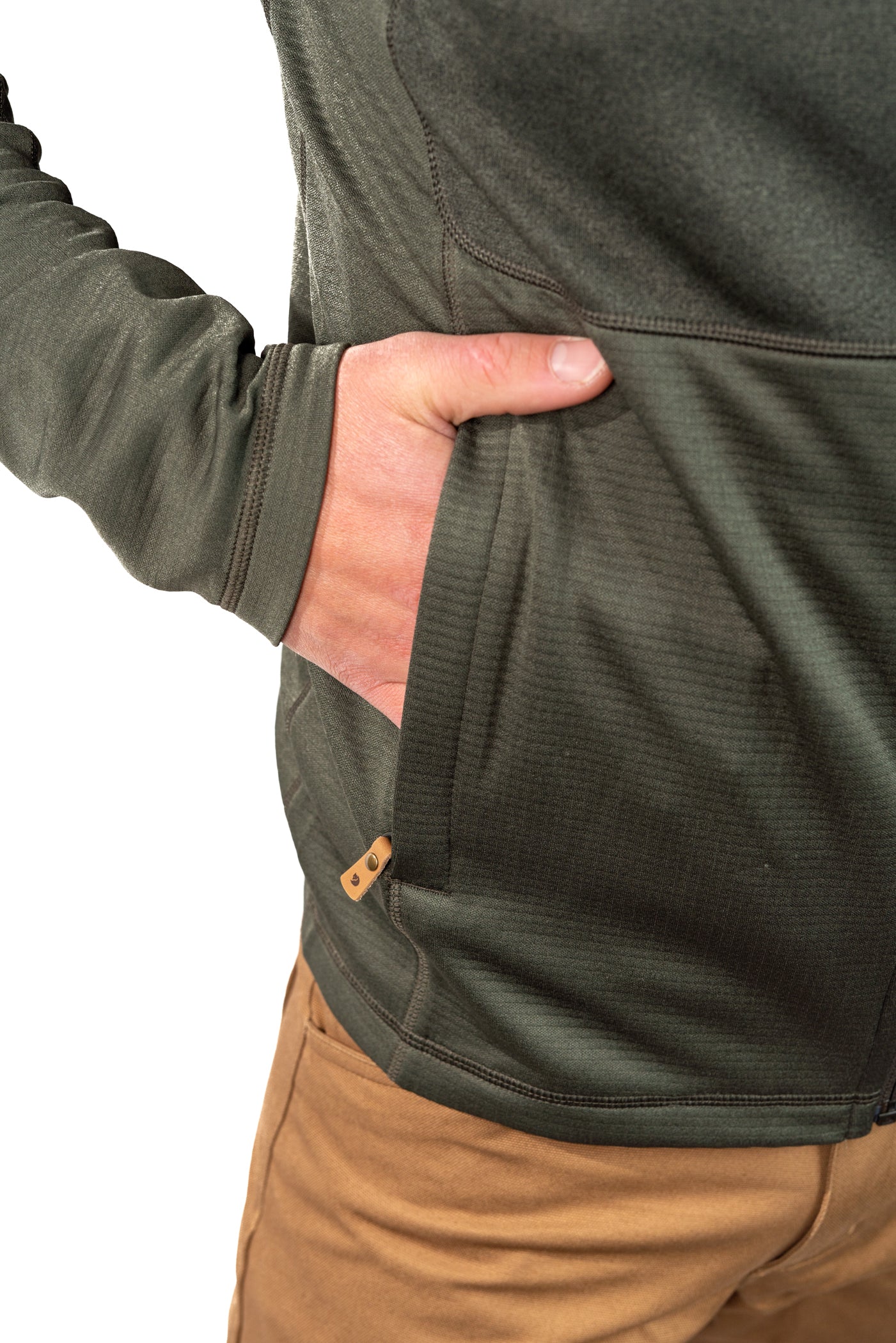 Green fleece jacket with full zip and kangaroo pocket, worn by person with hand in pocket