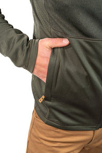 Green fleece jacket with full zip and kangaroo pocket, worn by person with hand in pocket