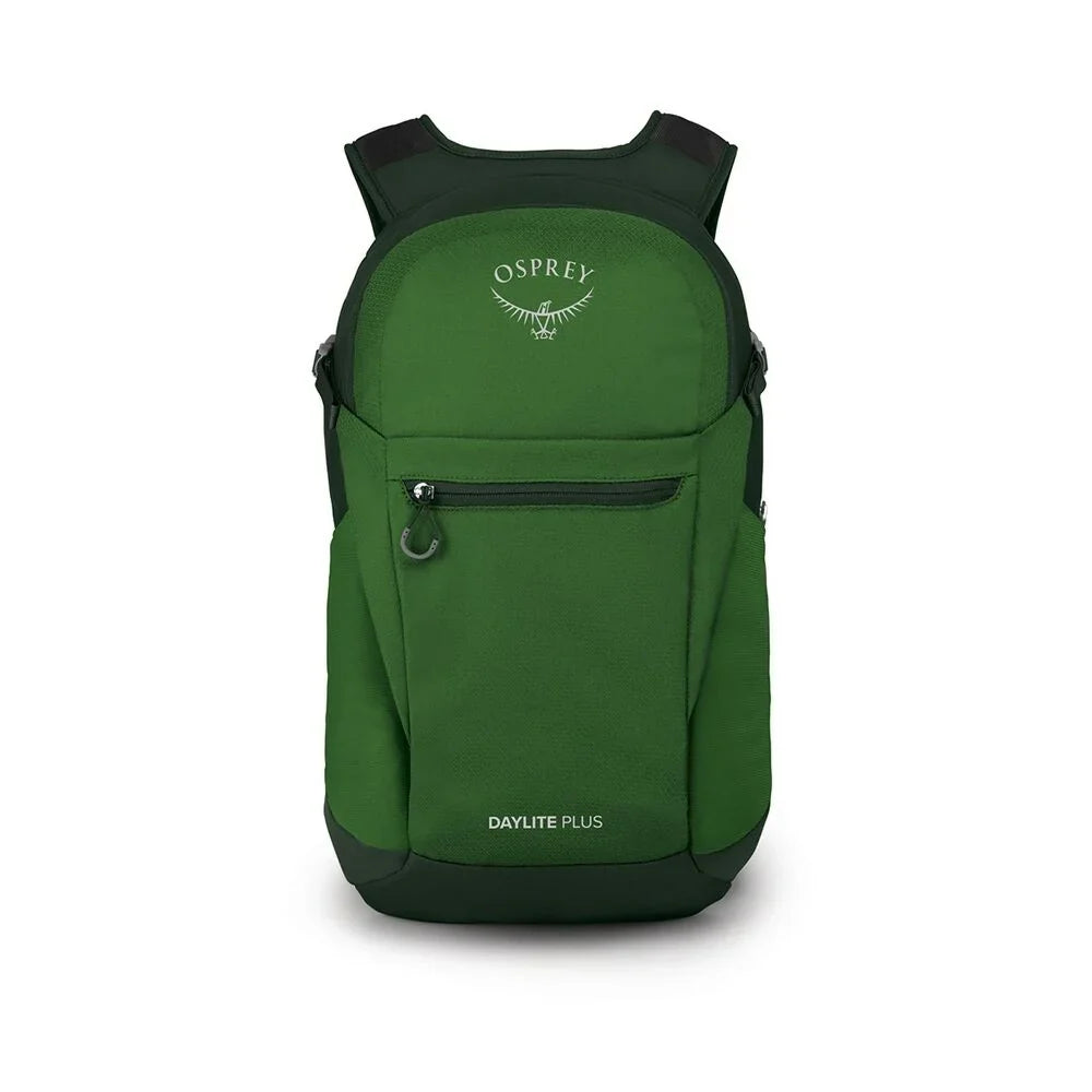 Green daypack backpack with front zip pocket, padded shoulder straps, front view