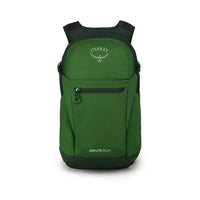 Green daypack backpack with front zip pocket, padded shoulder straps, front view