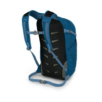 Blue daypack rear view showing mesh back panel, padded shoulder straps, and sternum strap
