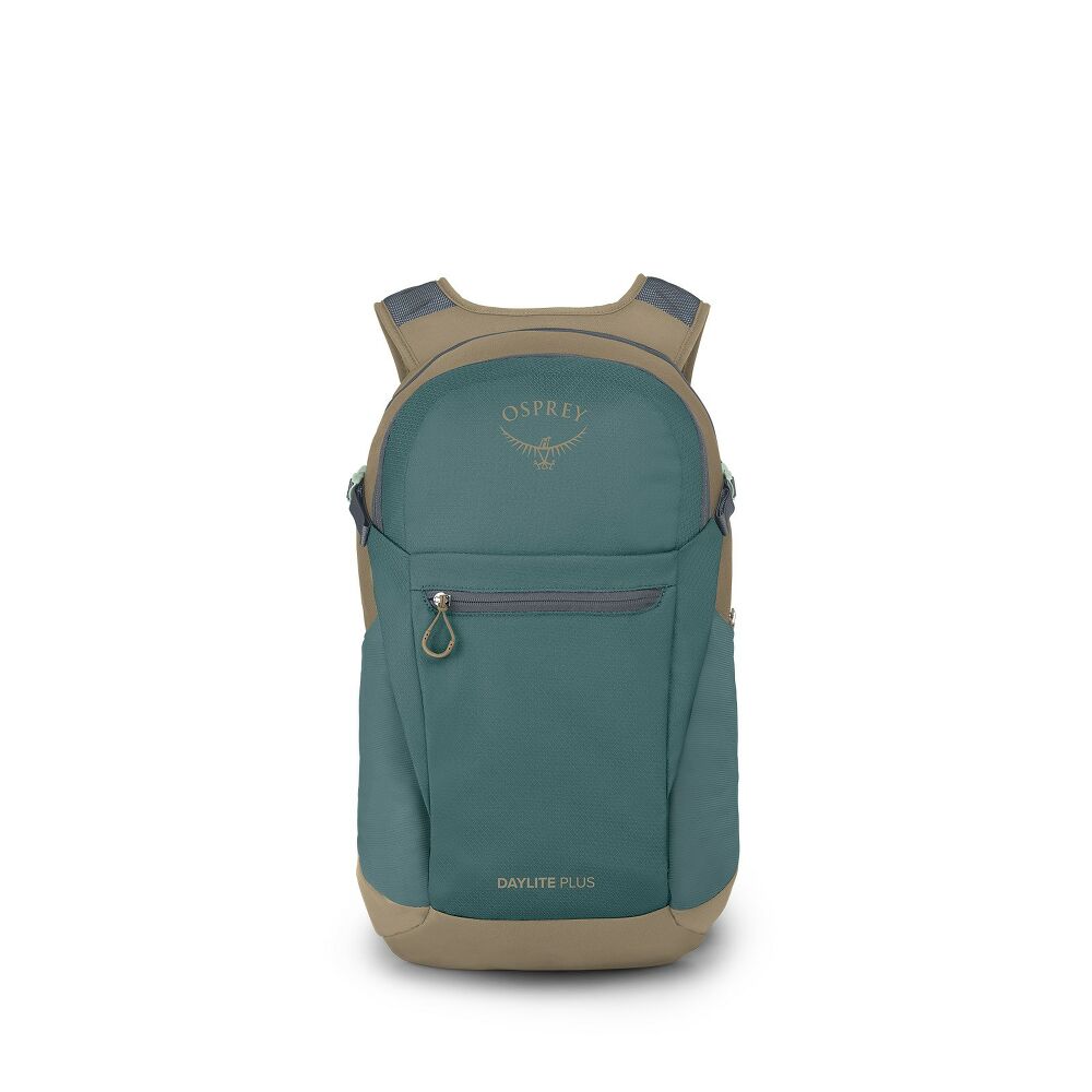 Everyday daypack with teal main compartment, tan accents, front zip pocket, front view
