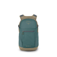 Everyday daypack with teal main compartment, tan accents, front zip pocket, front view