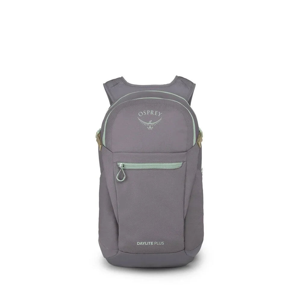 Medium grey daypack with mint green zipper accents, front view, padded shoulder straps