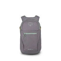Medium grey daypack with mint green zipper accents, front view, padded shoulder straps
