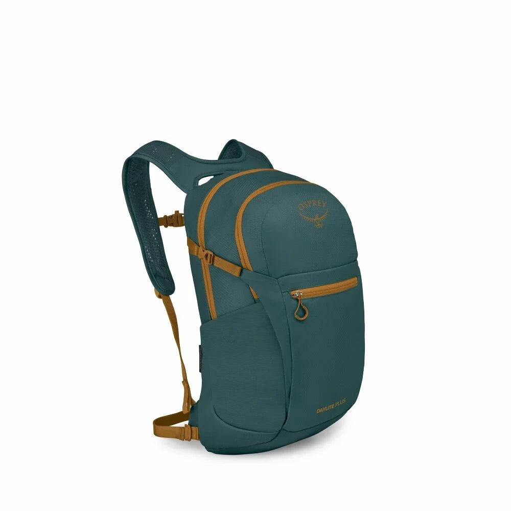 Teal daypack with gold zipper accents, front pocket, and mesh shoulder straps, side angle view