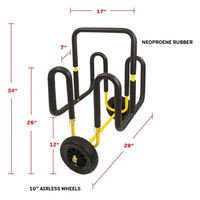 Wheeled cart with black frame and yellow straps for transporting paddleboards, showing dimensions