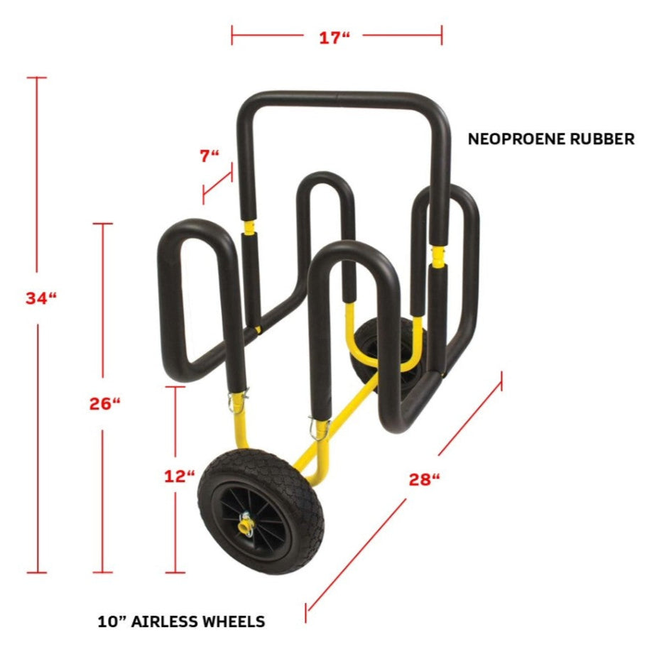 Wheeled cart with black frame and yellow straps for transporting paddleboards, showing dimensions