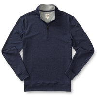 Navy blue heathered quarter-zip pullover with stand collar, front view on white background