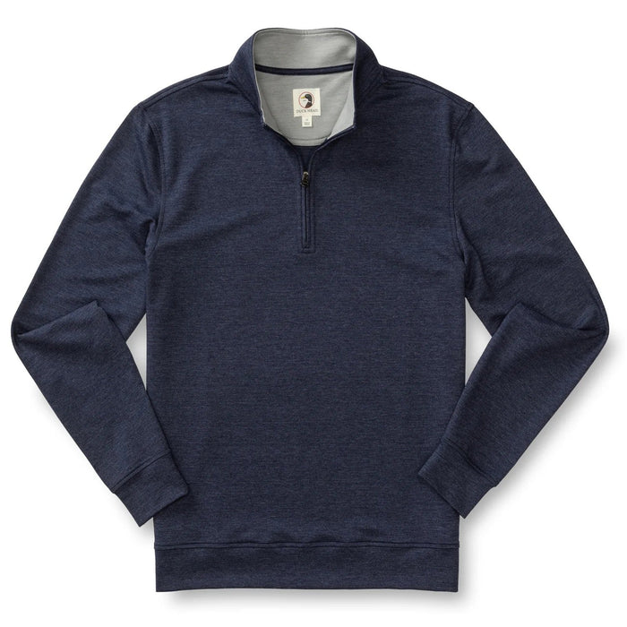 Navy blue heathered quarter-zip pullover with stand collar, front view on white background