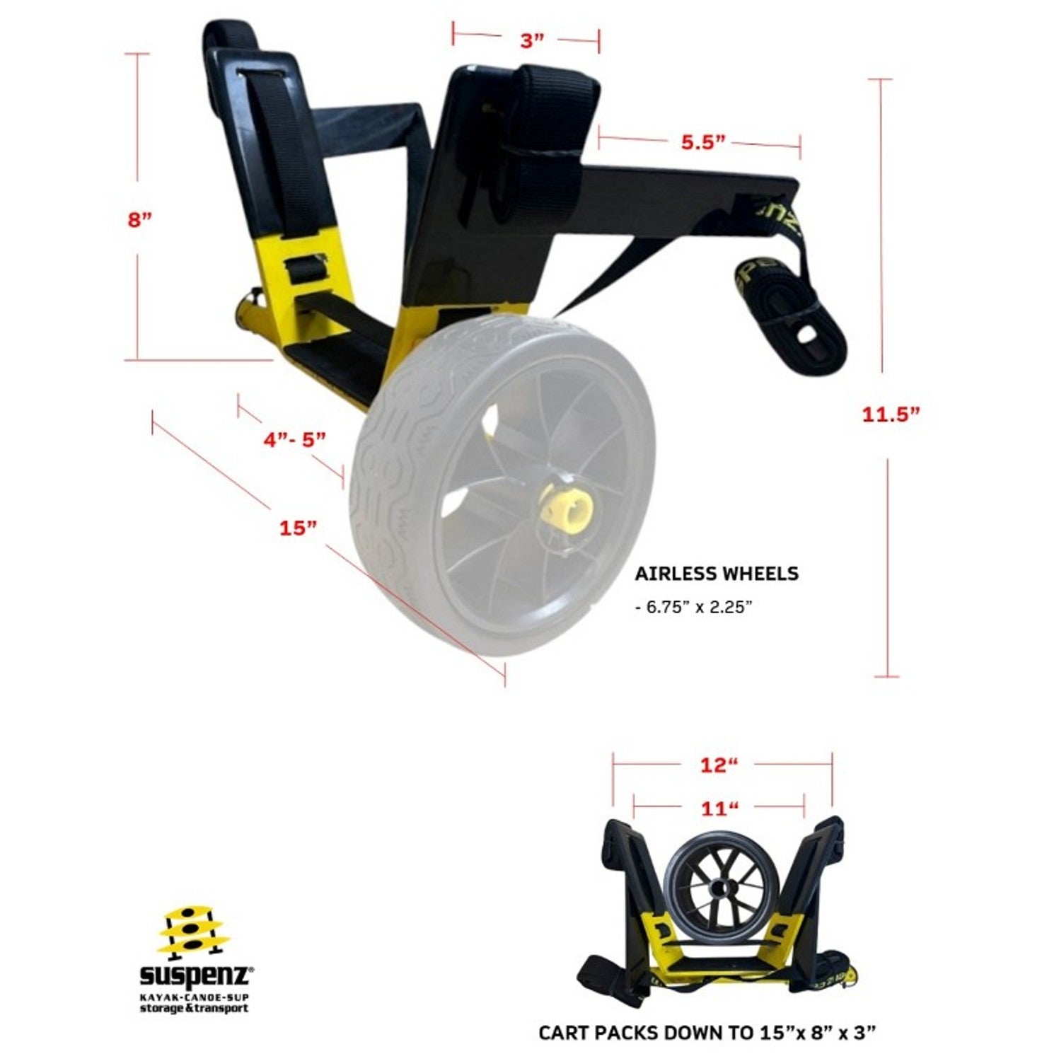 Folding cart with airless wheels shown with detailed dimensions and compact storage view