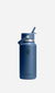 Dark blue wide-mouth insulated water bottle with flex straw cap and carry loop, front view