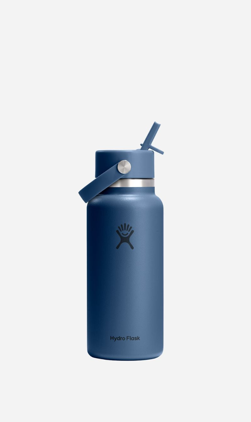 Dark blue wide-mouth insulated water bottle with flex straw cap and carry loop, front view