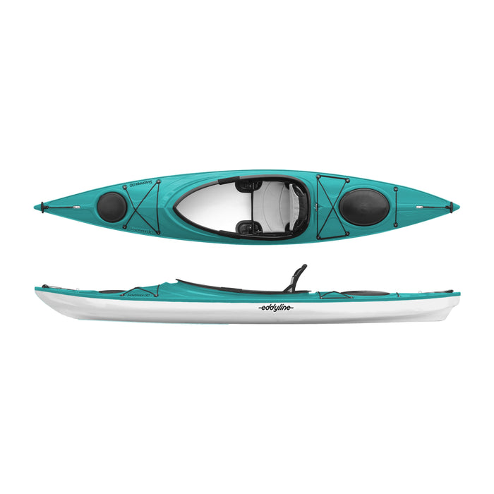 Single-person sit-inside kayak shown from top and side view with cockpit and storage compartments