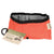 Collapsible fabric dog bowl in bright orange with black trim and instruction tag