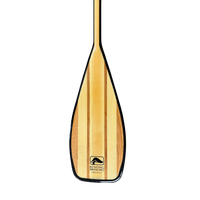 Wooden canoe paddle blade with vertical wood grain stripes on white background