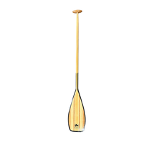 Wooden canoe paddle with black edged blade and round grip handle, full length view