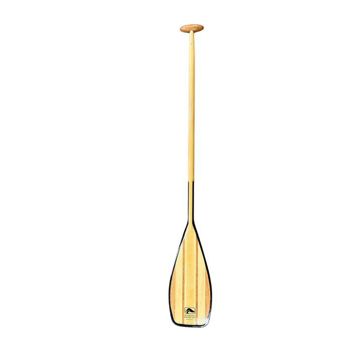 Wooden canoe paddle with black edged blade and round grip handle, full length view