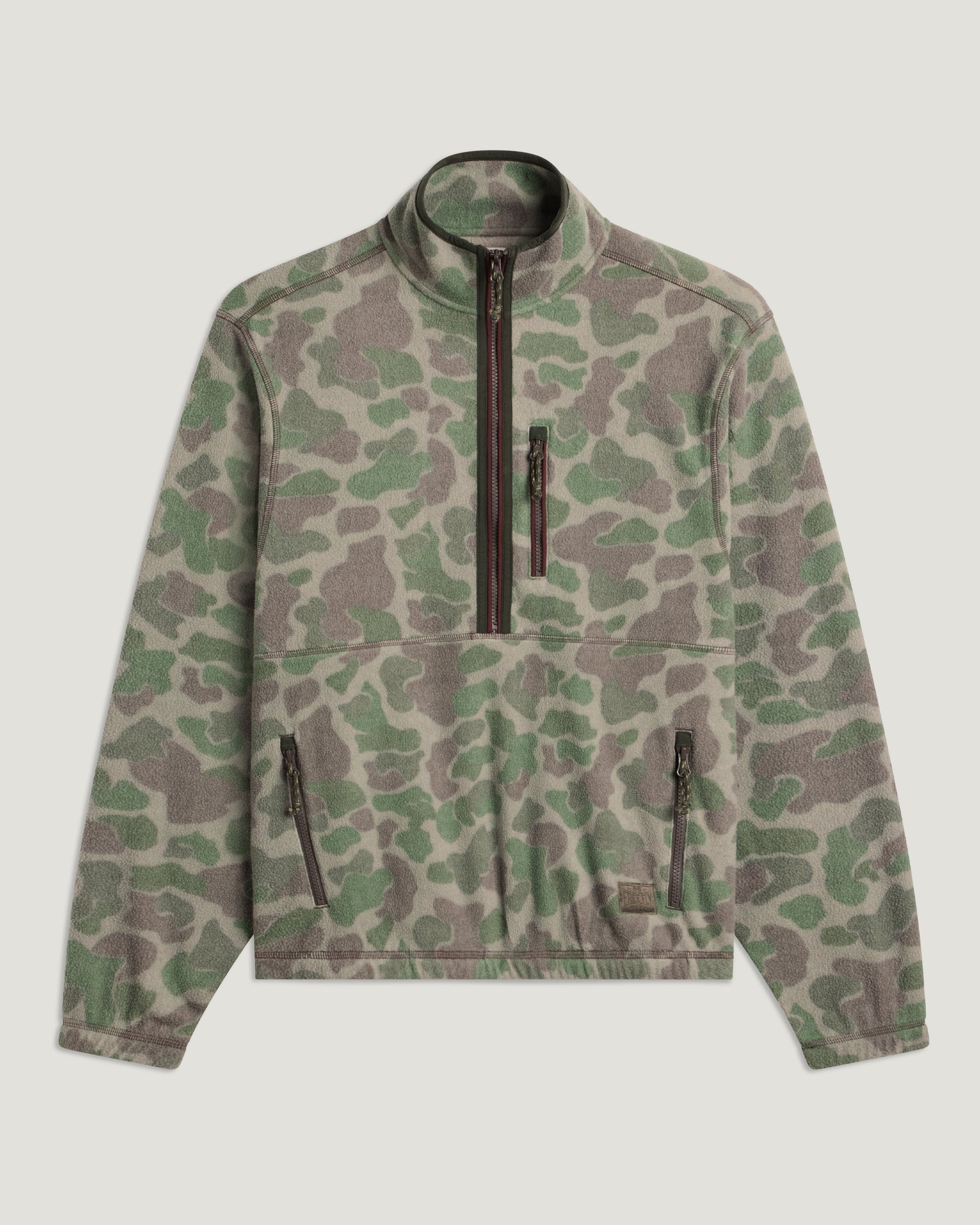Camouflage fleece half-zip pullover with quarter zip, mock neck, and two side zip pockets, front view