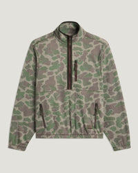 Camouflage fleece half-zip pullover with quarter zip, mock neck, and two side zip pockets, front view