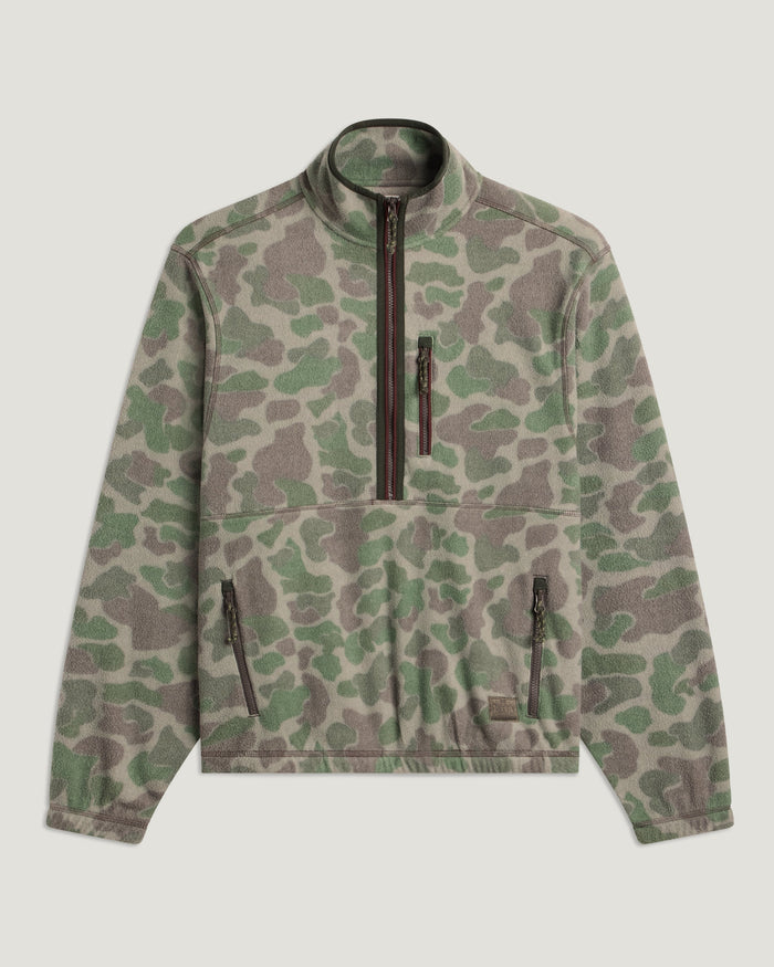 Camouflage fleece half-zip pullover with quarter zip, mock neck, and two side zip pockets, front view