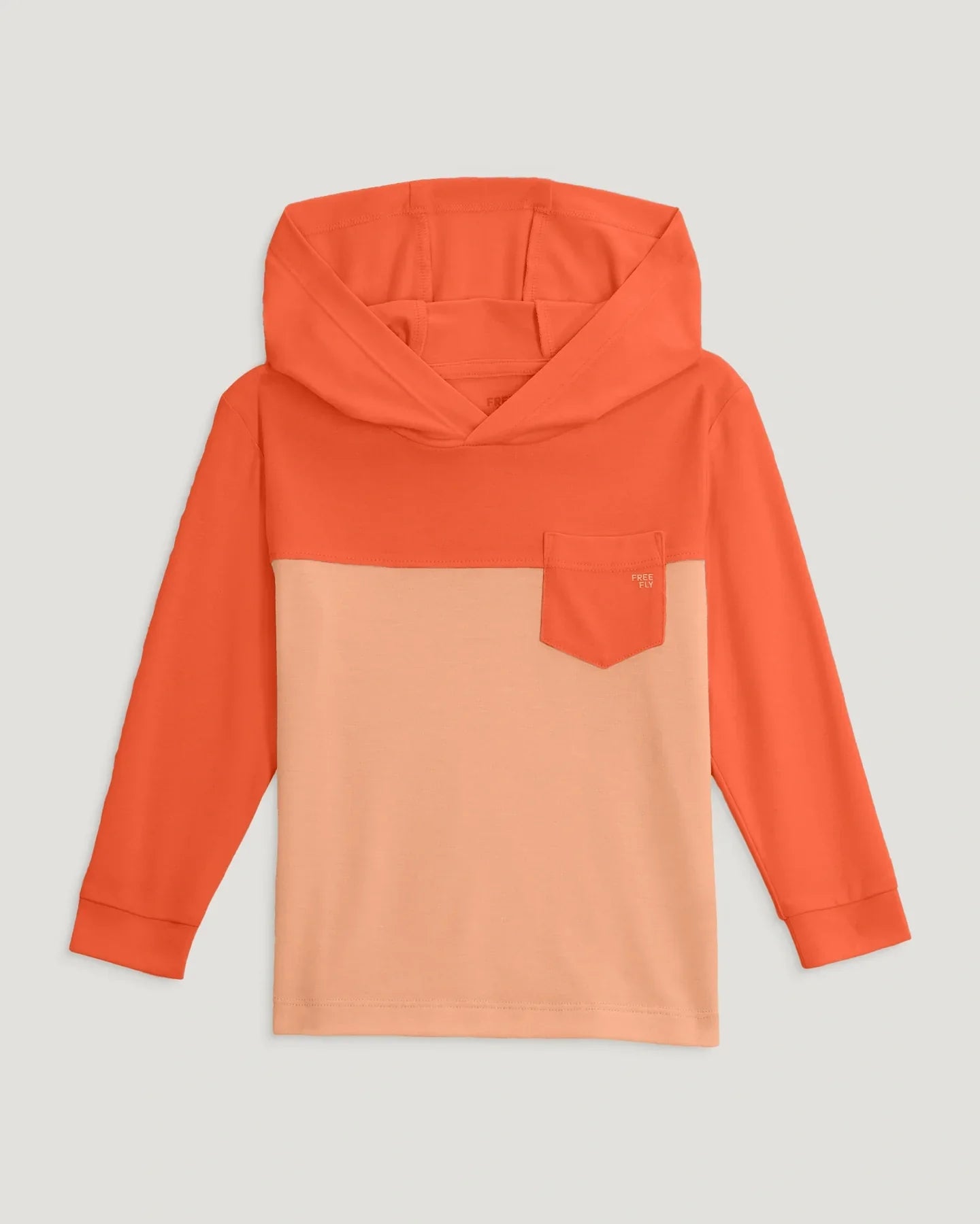 Colorblock hoodie with orange sleeves and hood, coral peach body, chest pocket