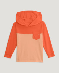 Colorblock hoodie with orange sleeves and hood, coral peach body, chest pocket