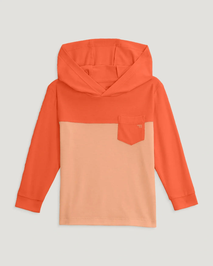 Colorblock hoodie with orange sleeves and hood, coral peach body, chest pocket